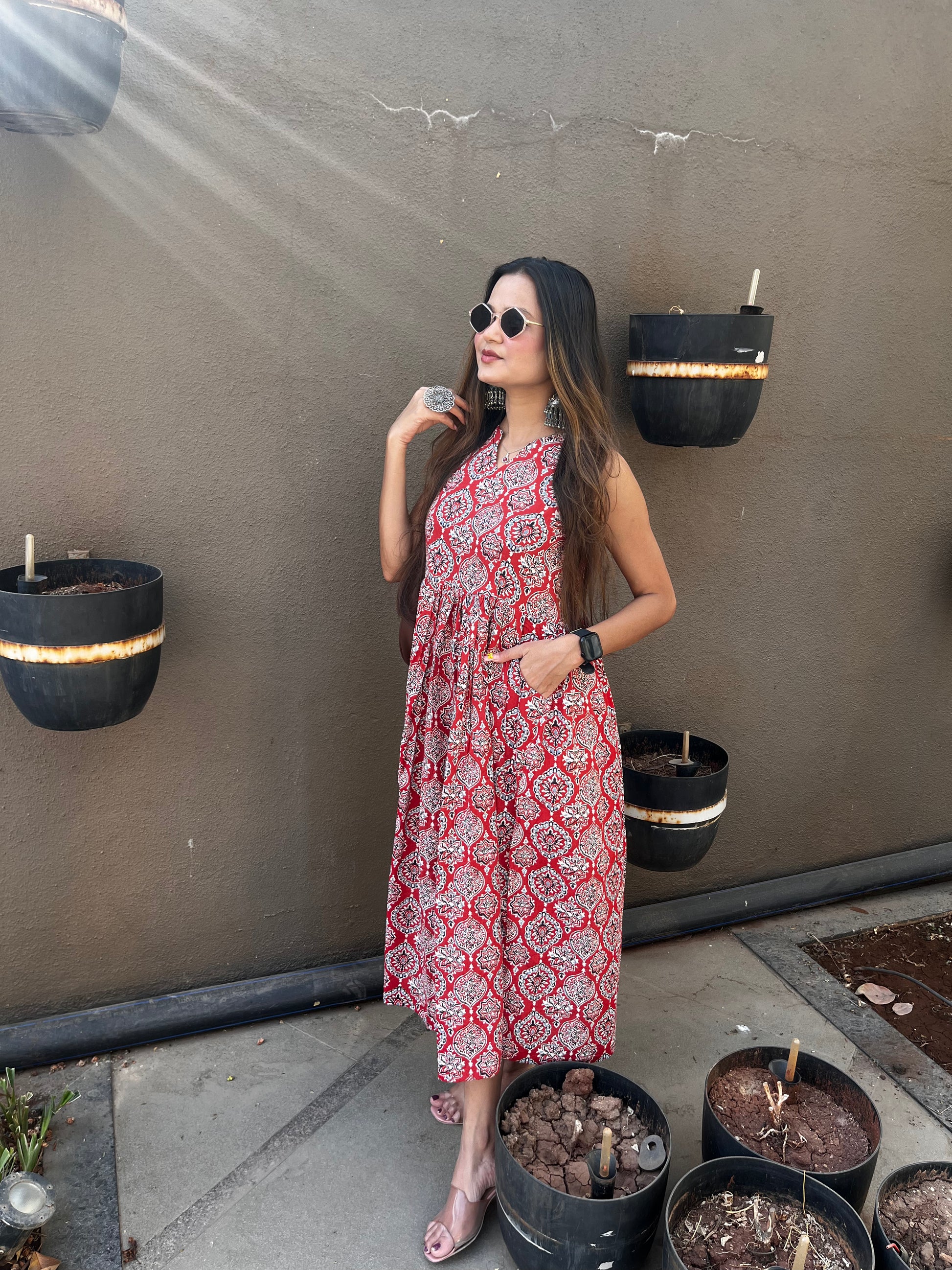 Red block printed dress