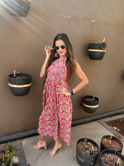 Red block printed dress