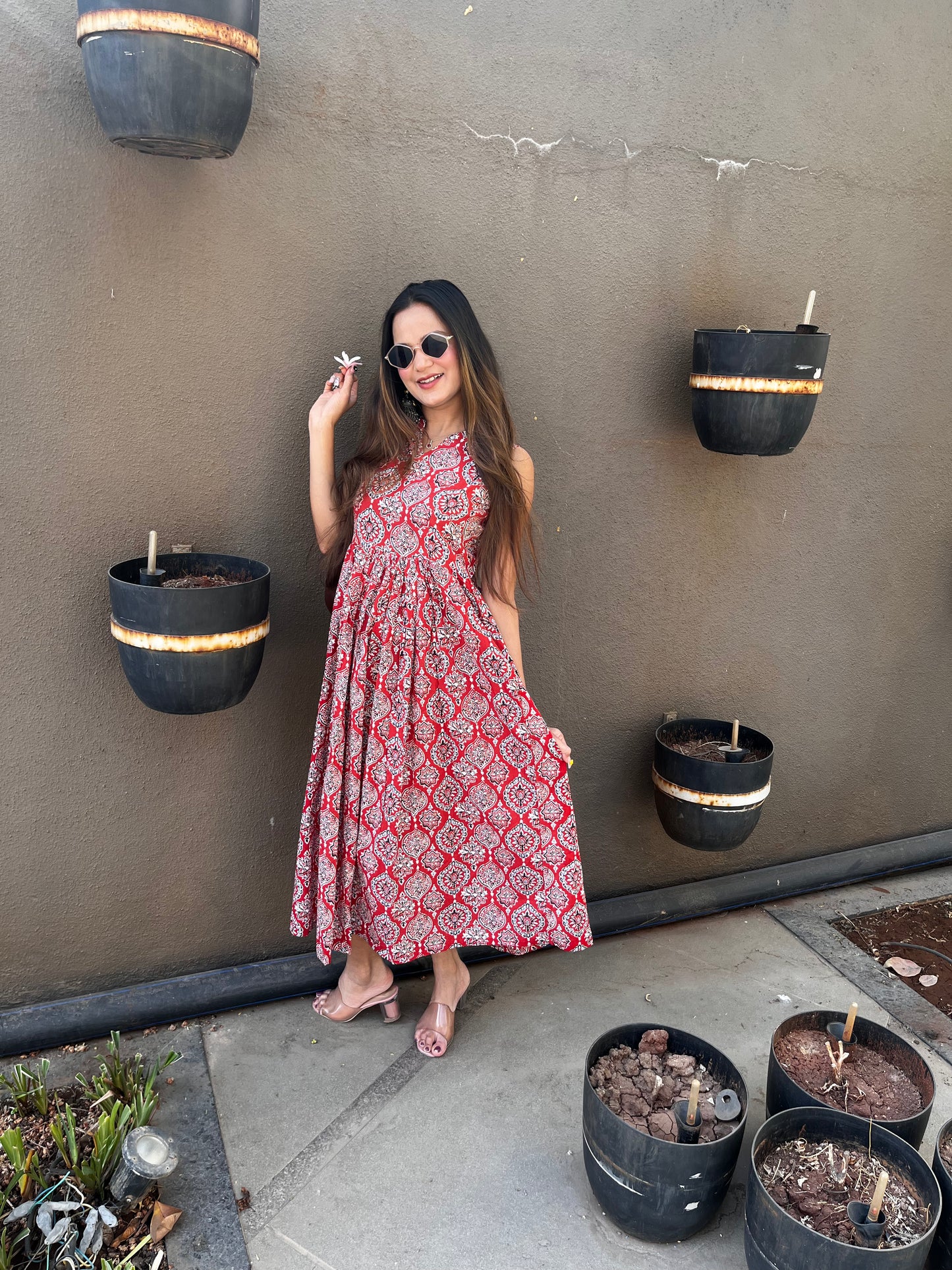 Red block printed dress